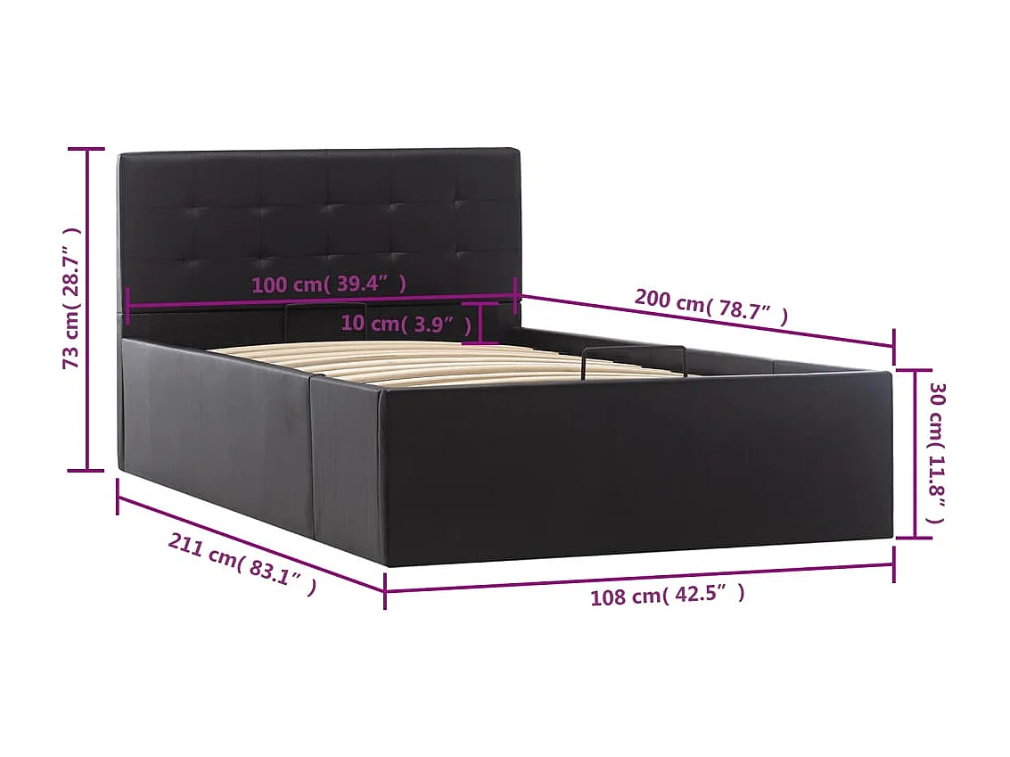 Cadre de lit à rangement hydraulique Noir Similicuir 100x200 cm