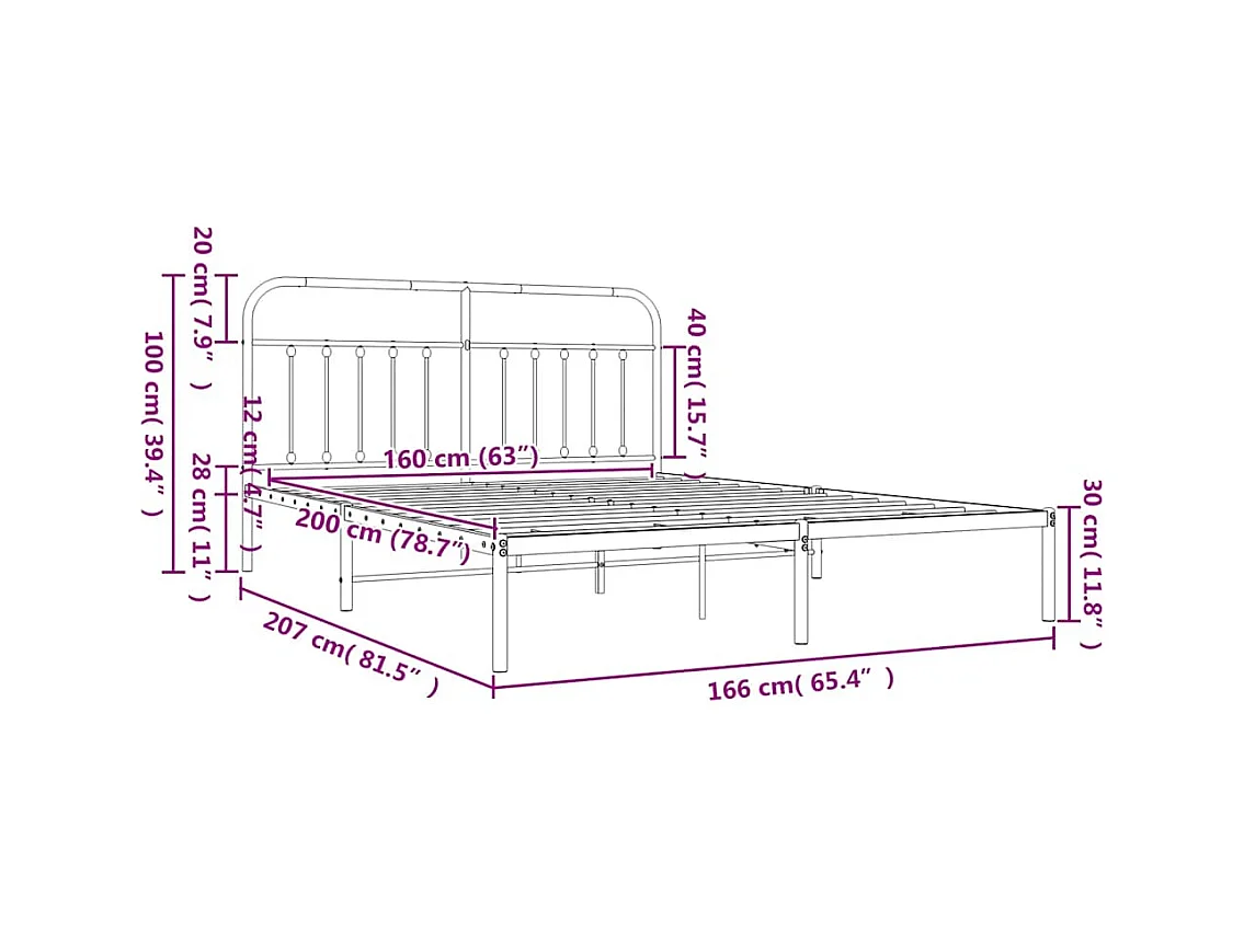 Cadre de lit métal sans matelas et tête de lit blanc 160x200 cm