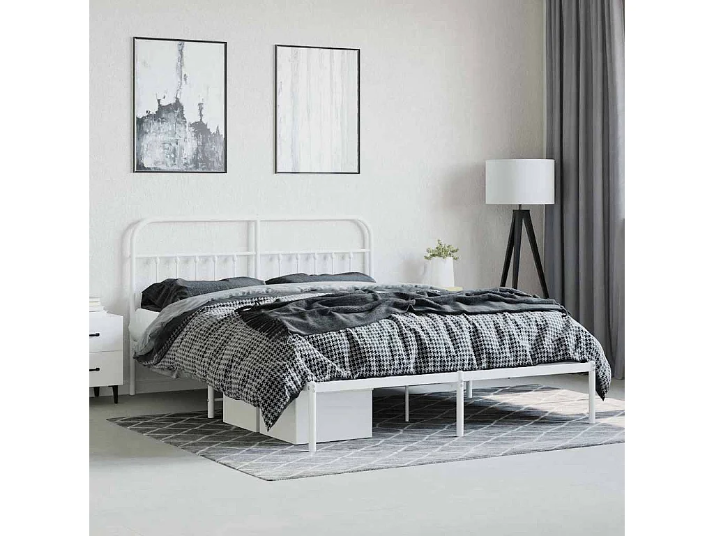 Cadre de lit métal sans matelas et tête de lit blanc 160x200 cm