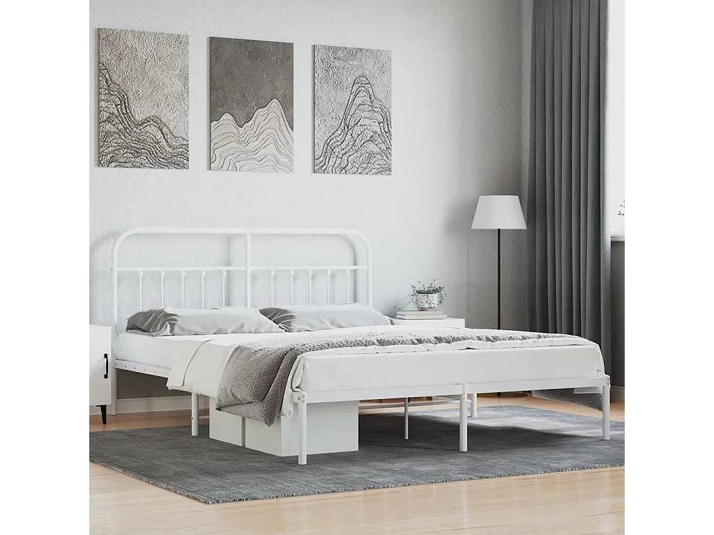 Cadre de lit métal sans matelas et tête de lit blanc 160x200 cm