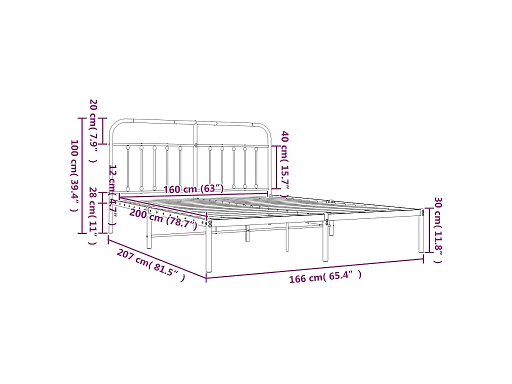 Cadre de lit métal sans matelas et tête de lit blanc 160x200 cm