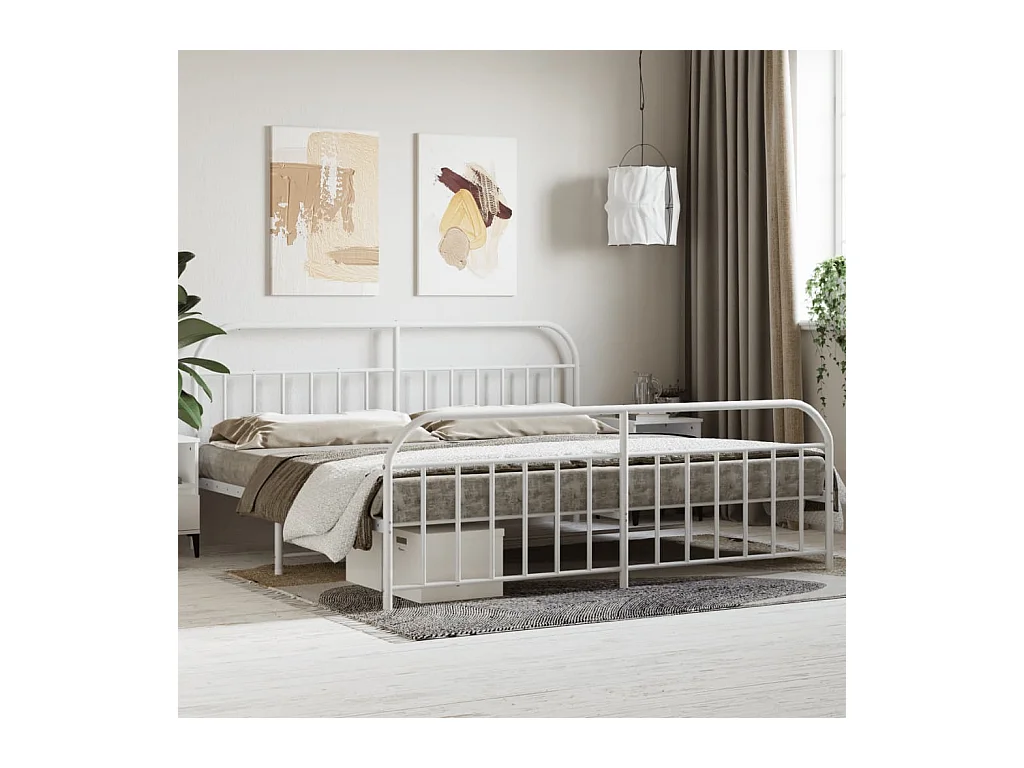 Cadre de lit métal sans matelas et pied de lit blanc 200x200 cm