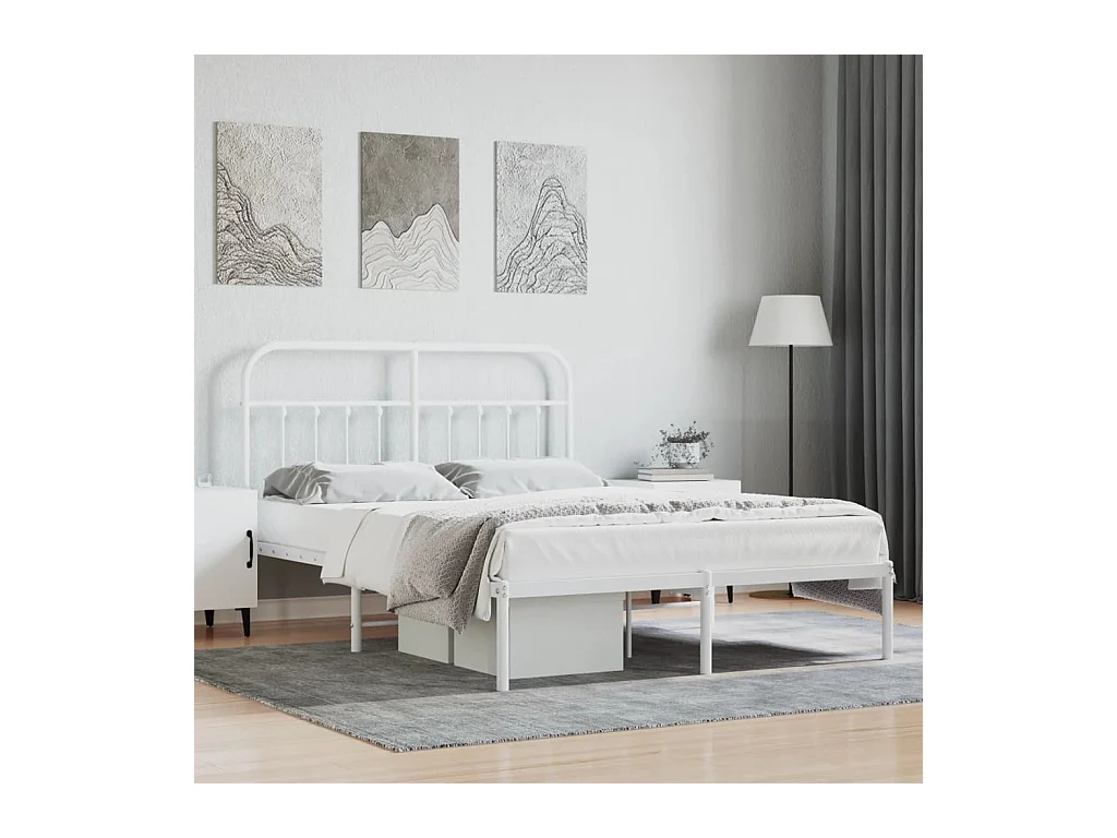 Cadre de lit métal sans matelas et tête de lit blanc 135x190 cm