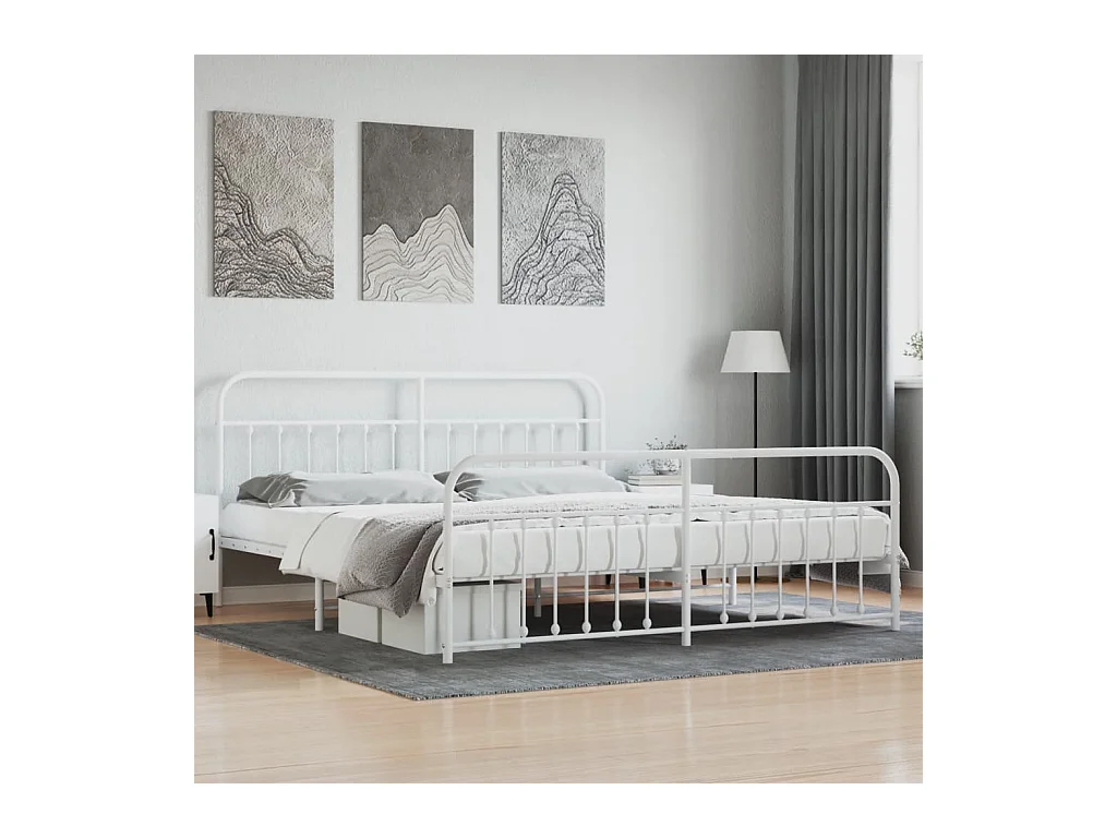 Cadre de lit métal sans matelas et pied de lit blanc 200x200 cm