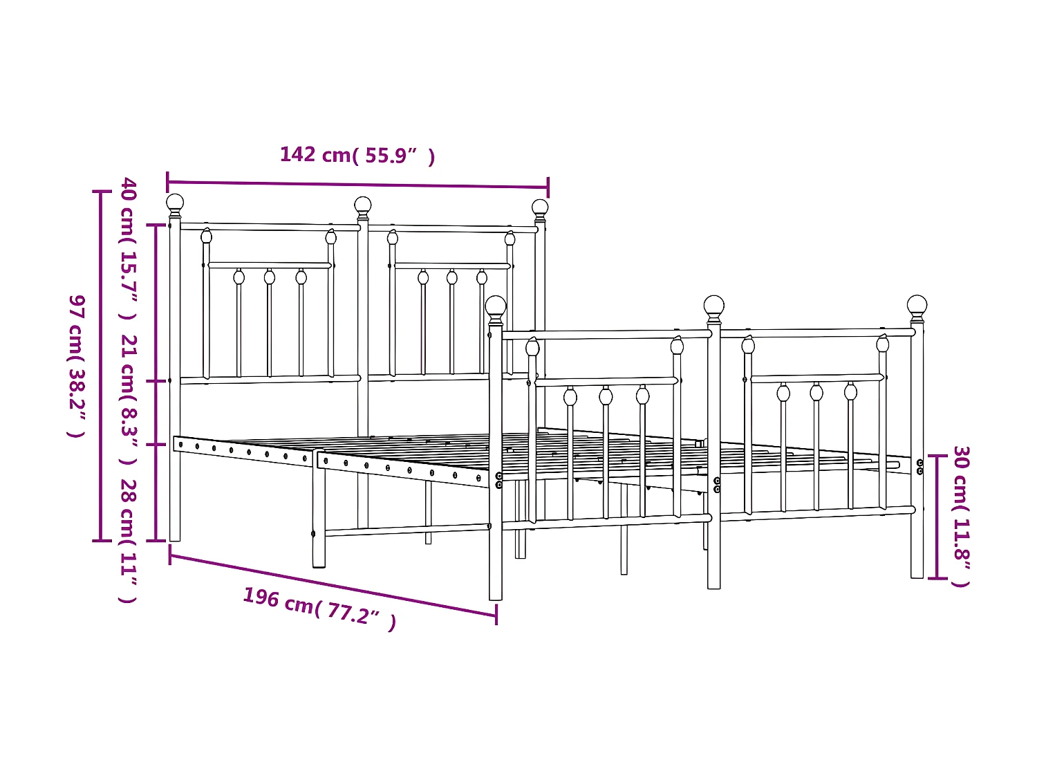 Estrutura de cama com cabeceira e pés 135x190 cm metal branco