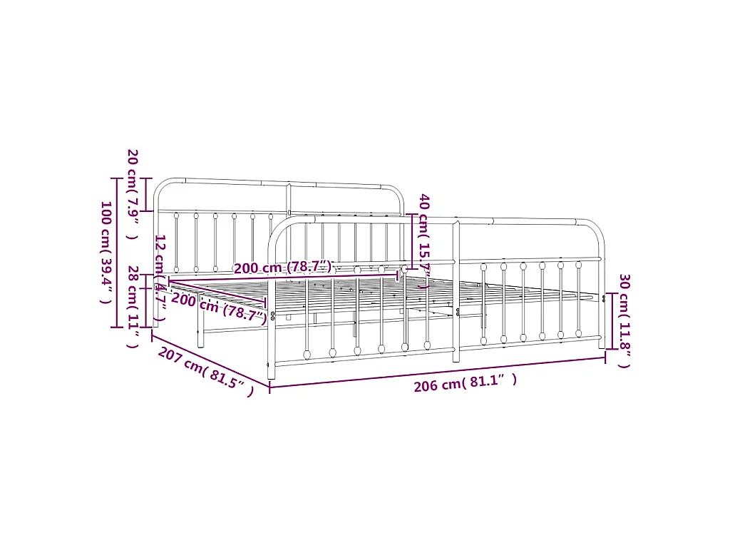 Cadre de lit métal sans matelas avec pied de lit noir 200x200cm