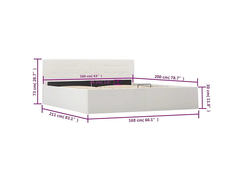 Cama hidráulica c/ arrumação 160x200cm couro artificial branco