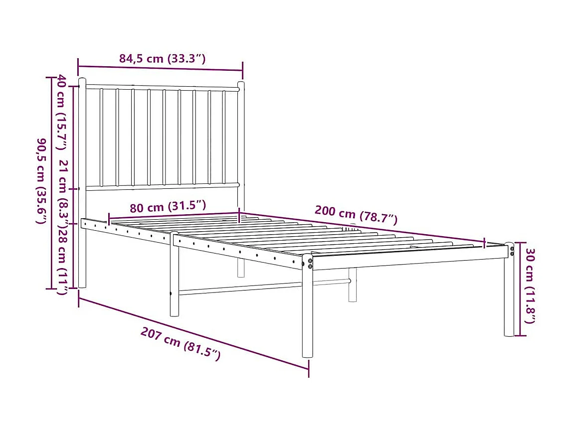 Cadre de lit métal sans matelas avec tête de lit blanc 80x200cm
