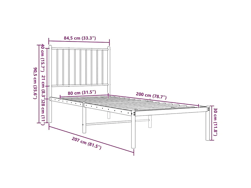 Cadre de lit métal sans matelas avec tête de lit blanc 80x200cm
