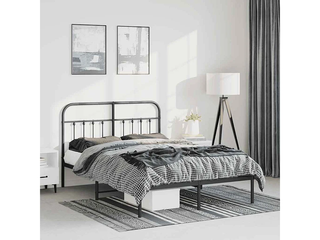 Bedframe met hoofdbord metaal zwart 135x190 cm