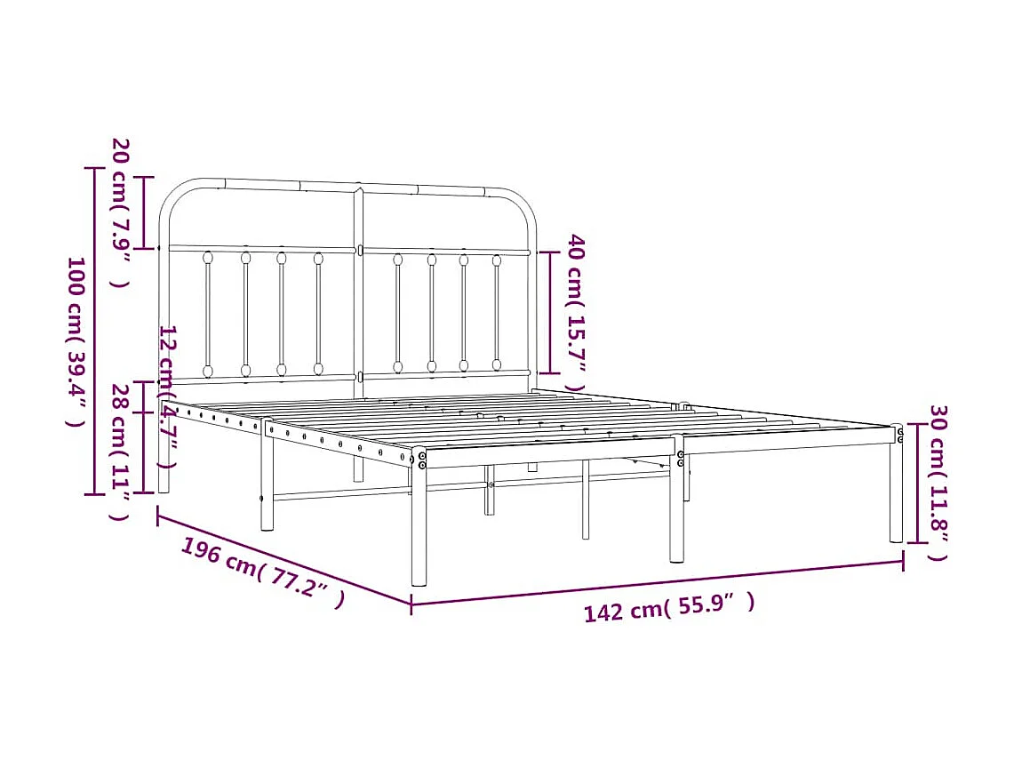 Bedframe met hoofdbord metaal zwart 135x190 cm