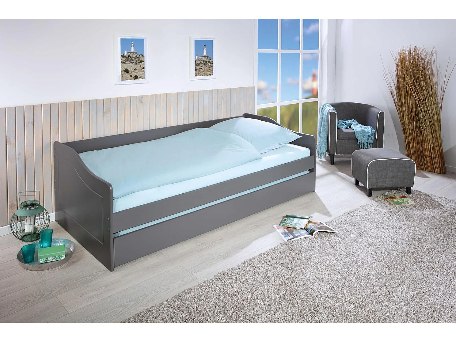 Leonie23 Bett 90x200cm mit 1 ausziehbares Bett grau.