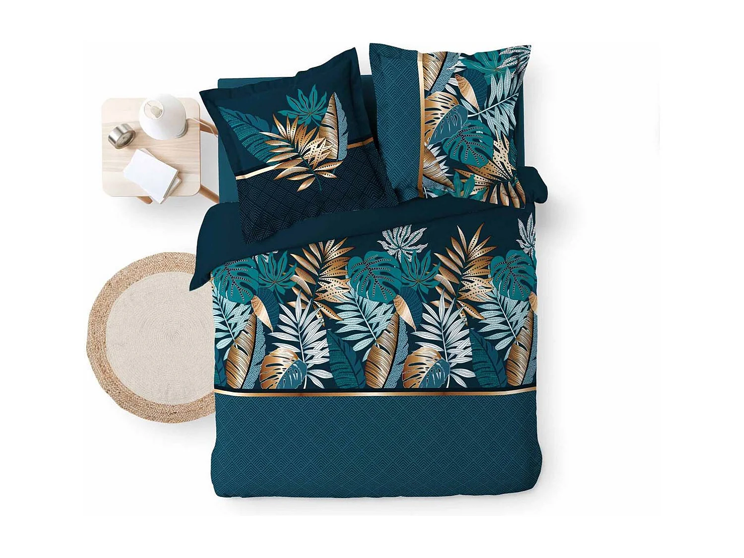 Komplet Pościeli "Alianor" 3 Częściowy 240x220cm Niebieski Tropikalny Elegancki 100% Bawełna