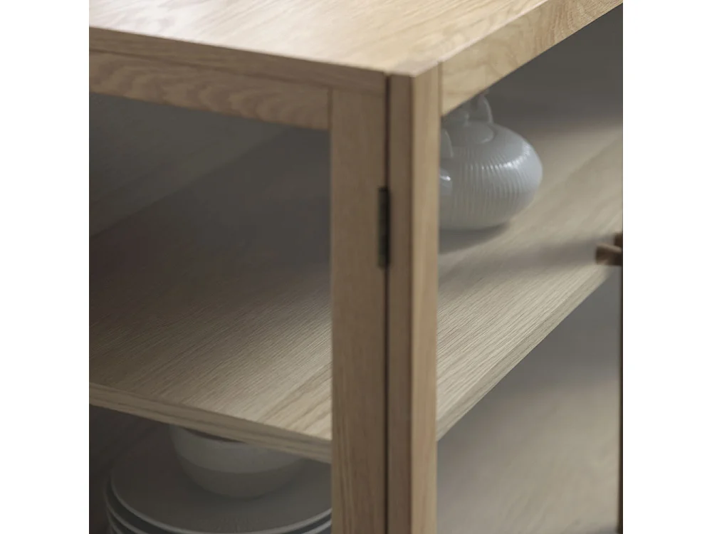 Cahir - Buffet 3 portes en verre trempé et bois L132cm : Couleur - Bois clair