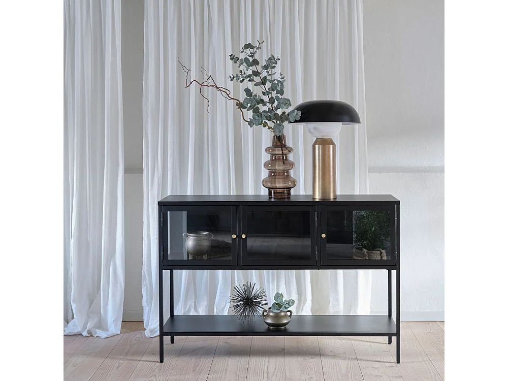 Adare - Buffet 3 portes en verre trempé et métal L132cm : Couleur - Noir