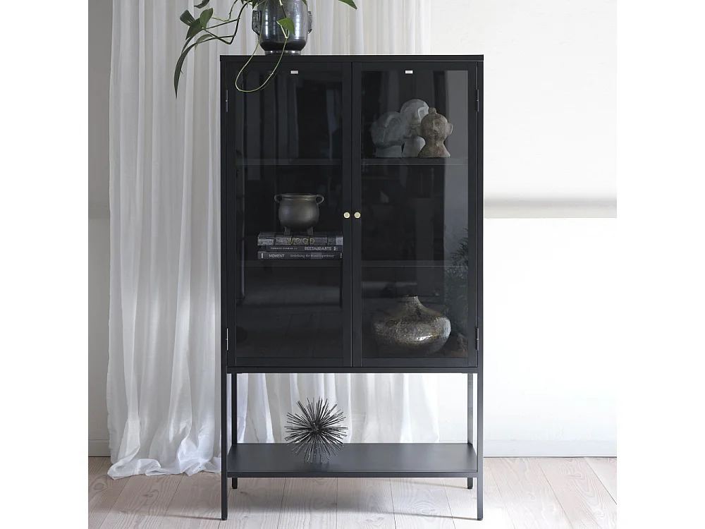 Adare - Buffet haut 2 portes en verre trempé et métal H160cm : Couleur - Noir