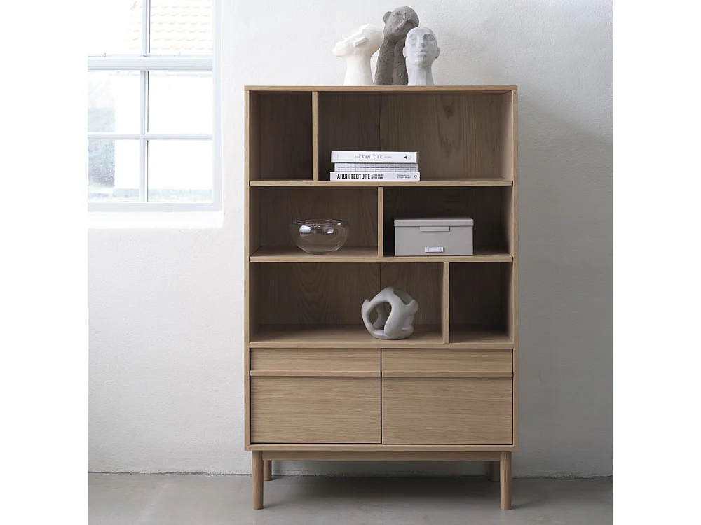 Clane - Bibliothèque 6 niches, 2 portes en bois H140cm - Bois clair