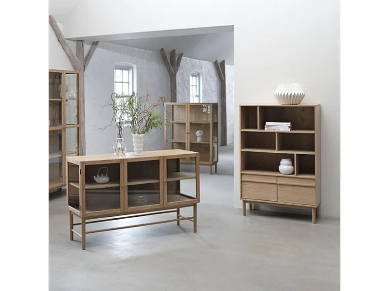 Clane - Bibliothèque 6 niches, 2 portes en bois H140cm - Bois clair
