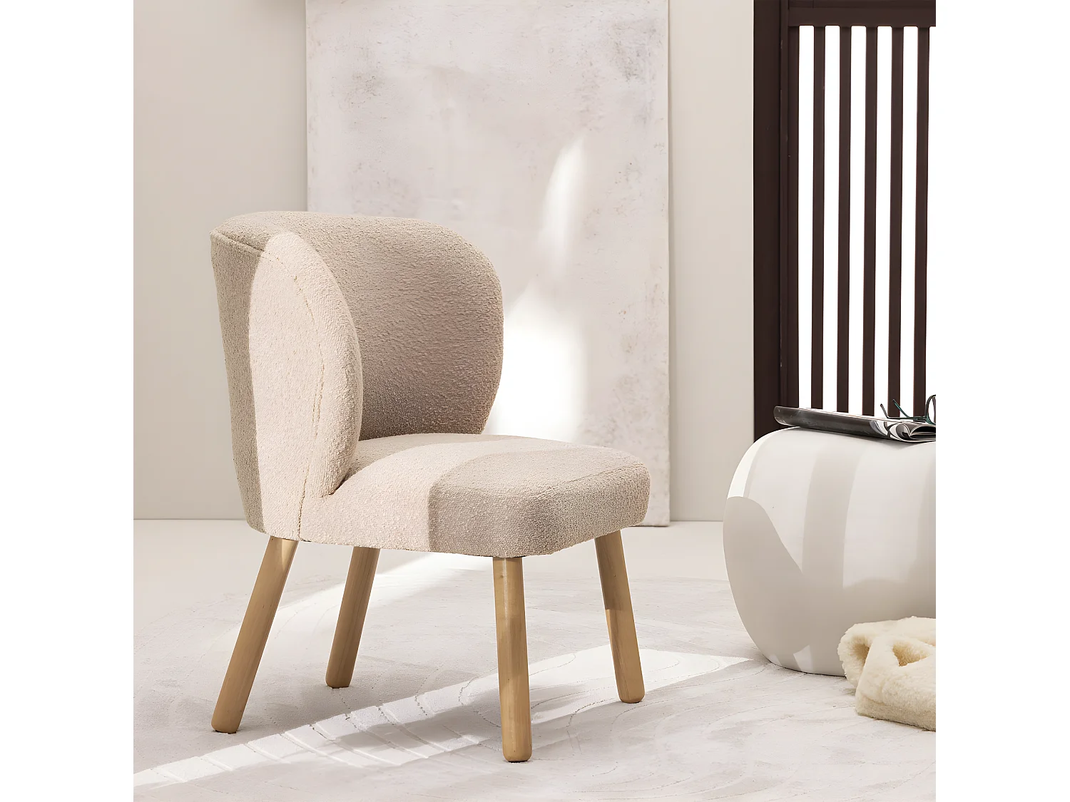 Raph - Fauteuil en tissu bouclette et bois - Taupe