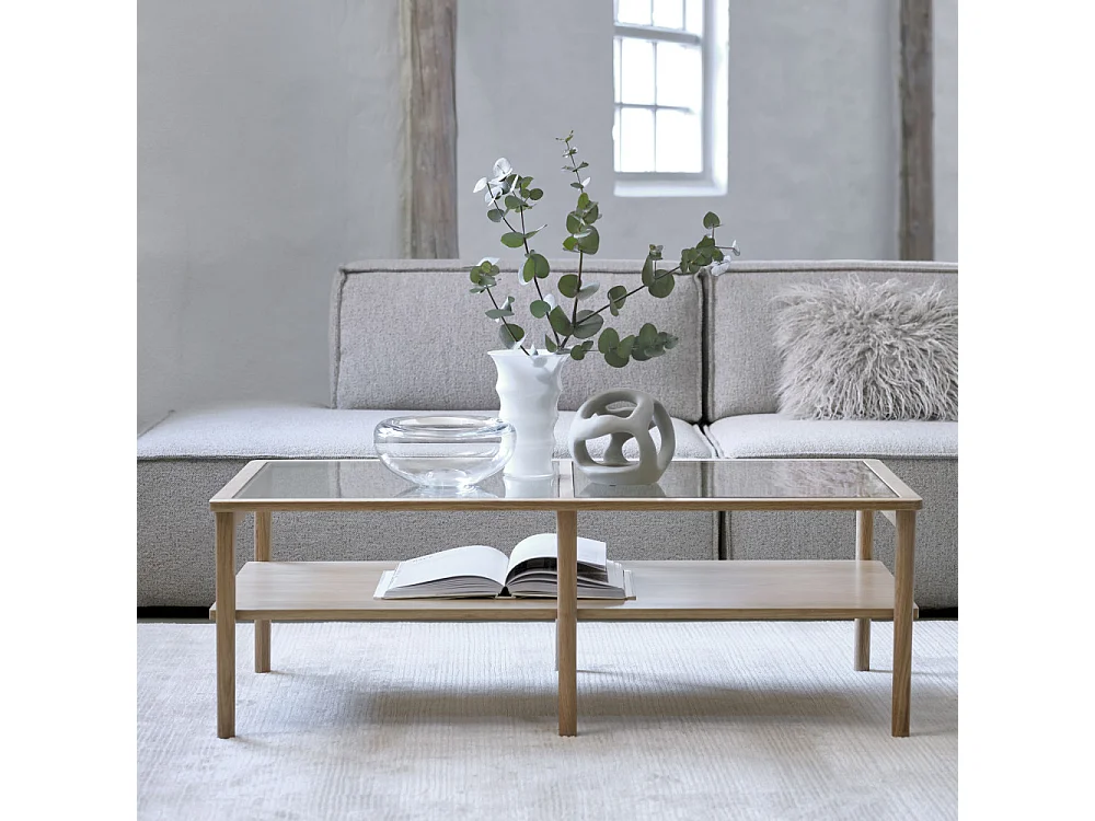 Cahir - Table basse en verre trempé et bois 120x60cm - Bois clair