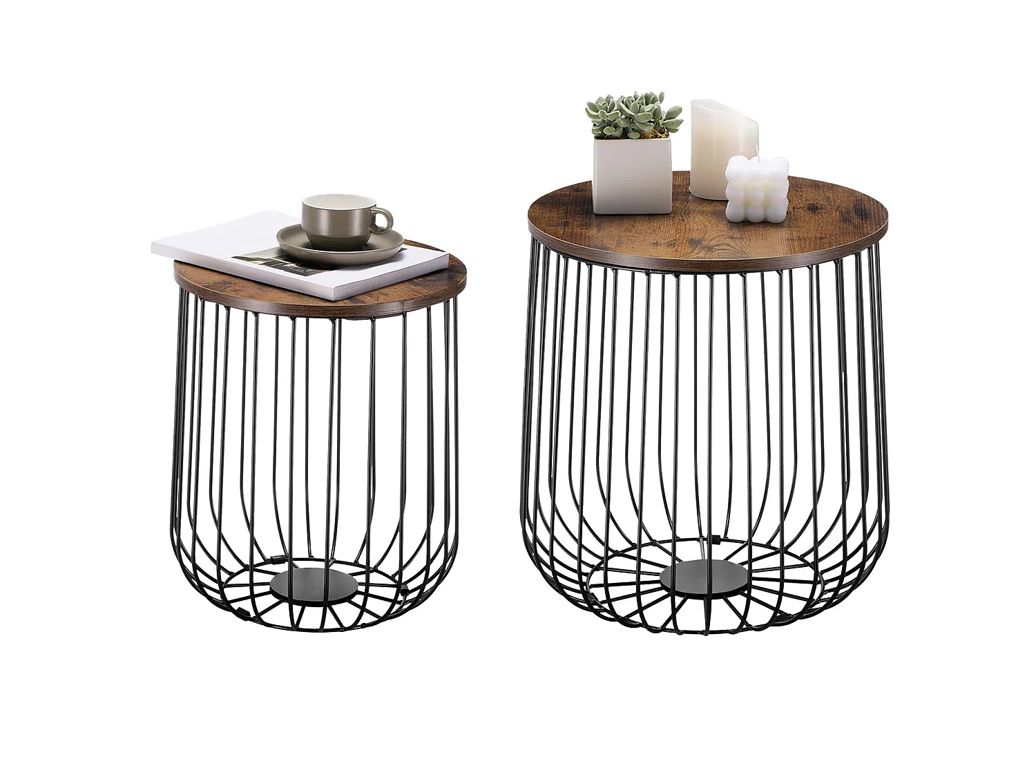 Lot de 2 tables d'appoint ERRANO paniers en métal tables à café tables basses rondes bouts de canapé vintage décor old style