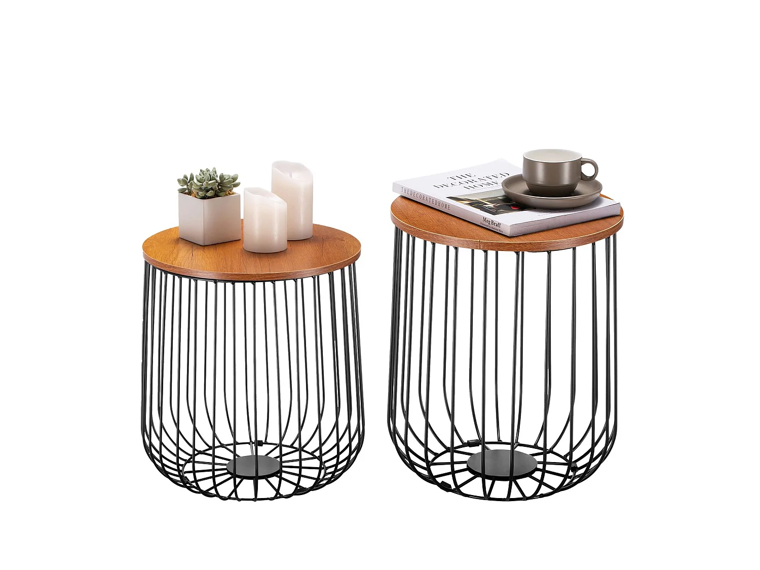 Lot de 2 tables d'appoint ERRANO paniers en métal tables à café tables basses rondes bouts de canapé vintage décor chêne sauvage