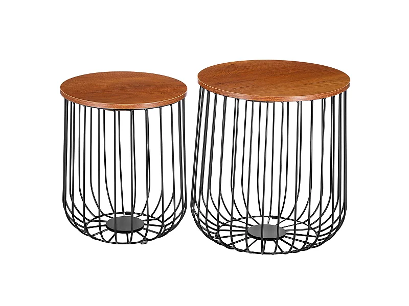 Lot de 2 tables d'appoint ERRANO paniers en métal tables à café tables basses rondes bouts de canapé vintage décor chêne sauvage