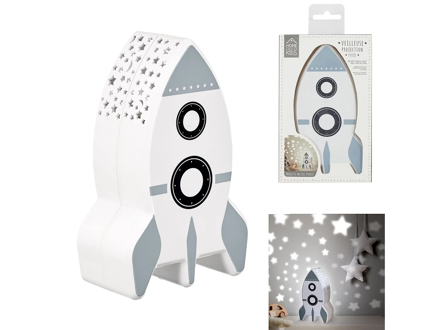 Veilleuse Fusee Projection Murale Blanc, Noir, Gris