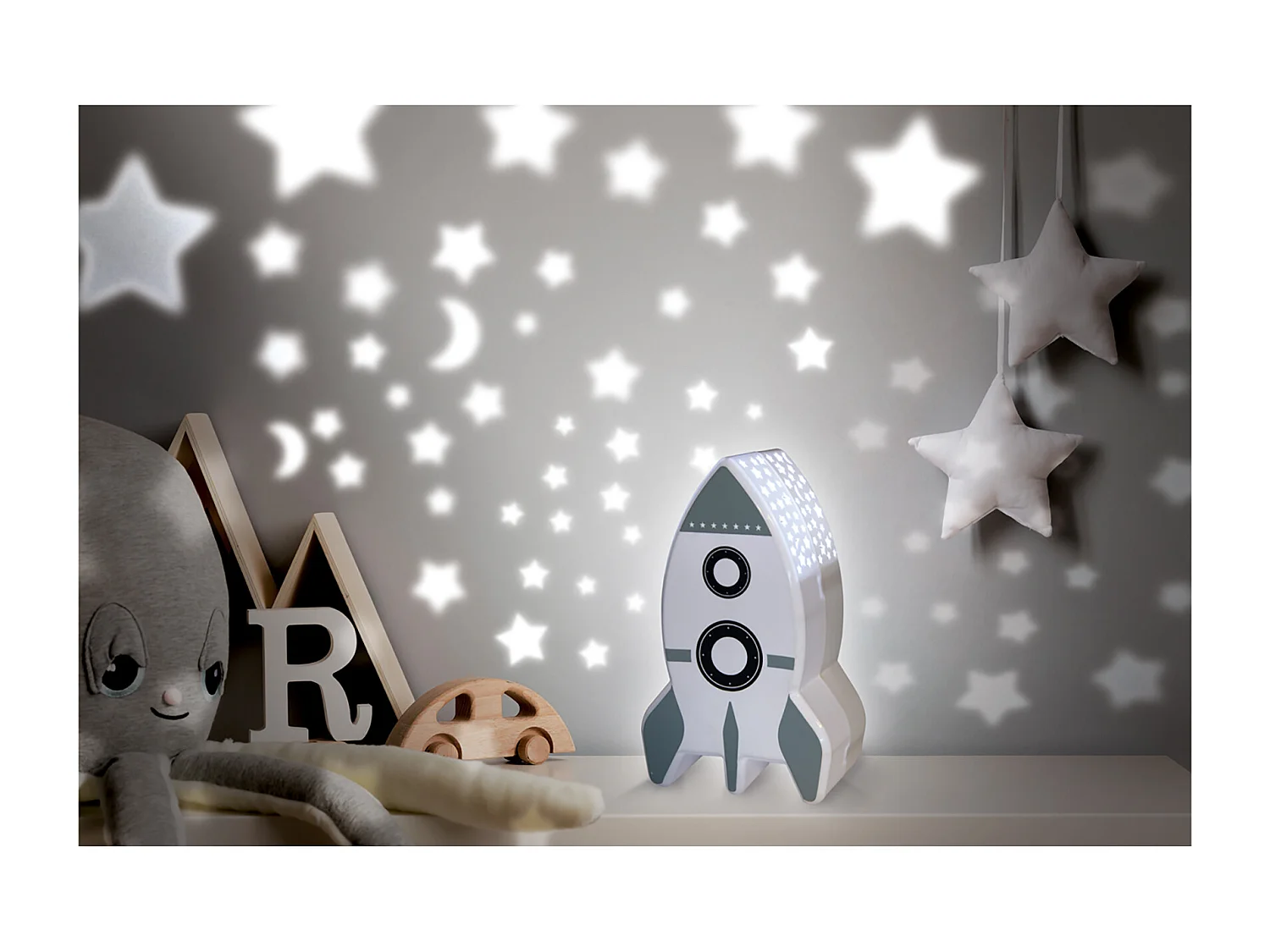 Veilleuse Fusee Projection Murale Blanc, Noir, Gris