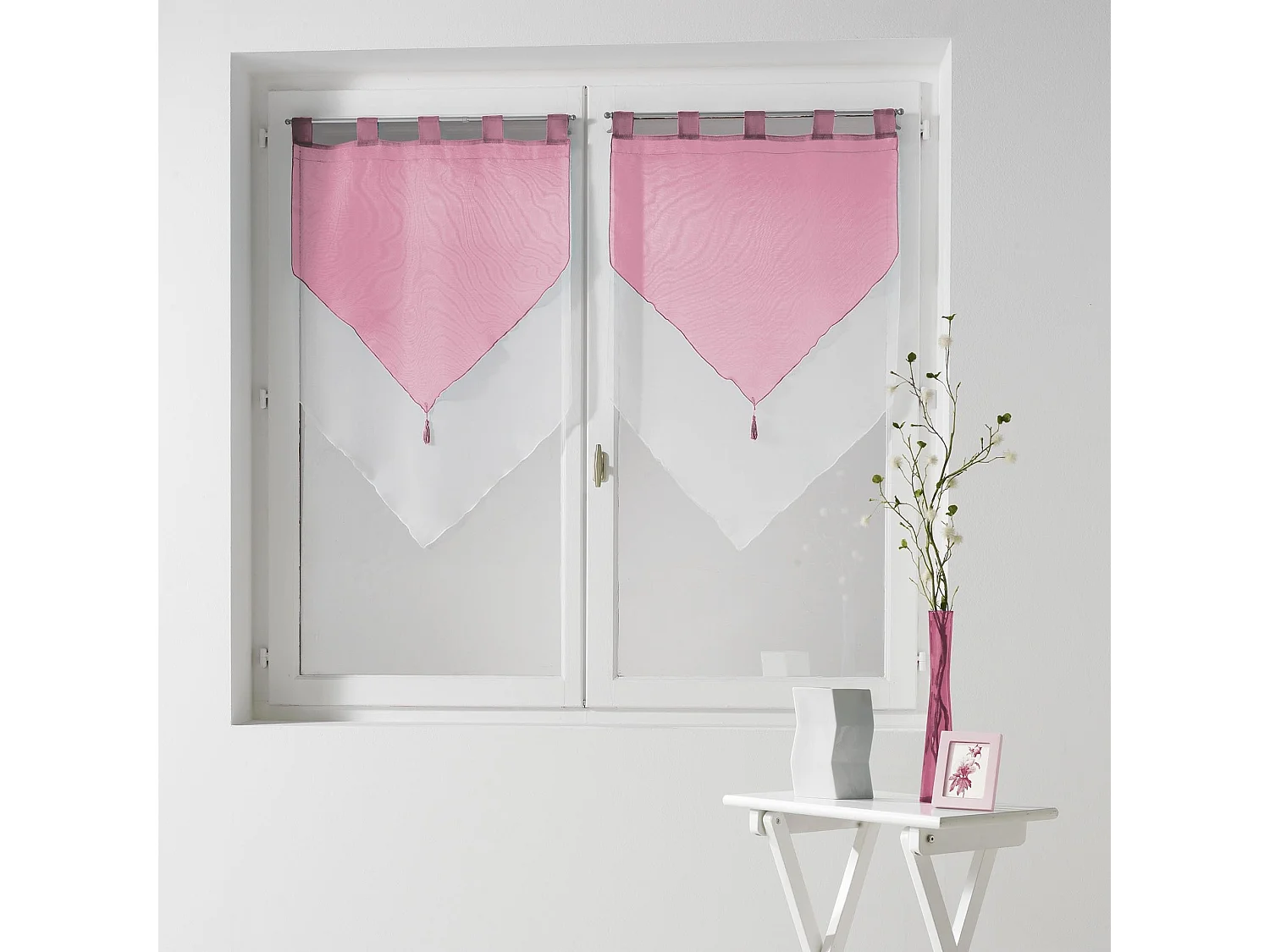 Paire de rideau voilage 60 x 90 cm pompon bicolore blanc rose dragee