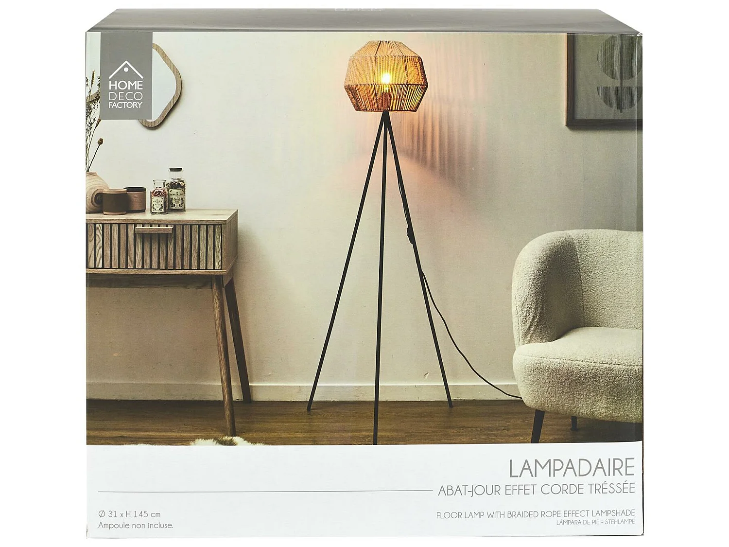 Lampadaire Abat Jour Effet Corde Tressee Beige, Noir