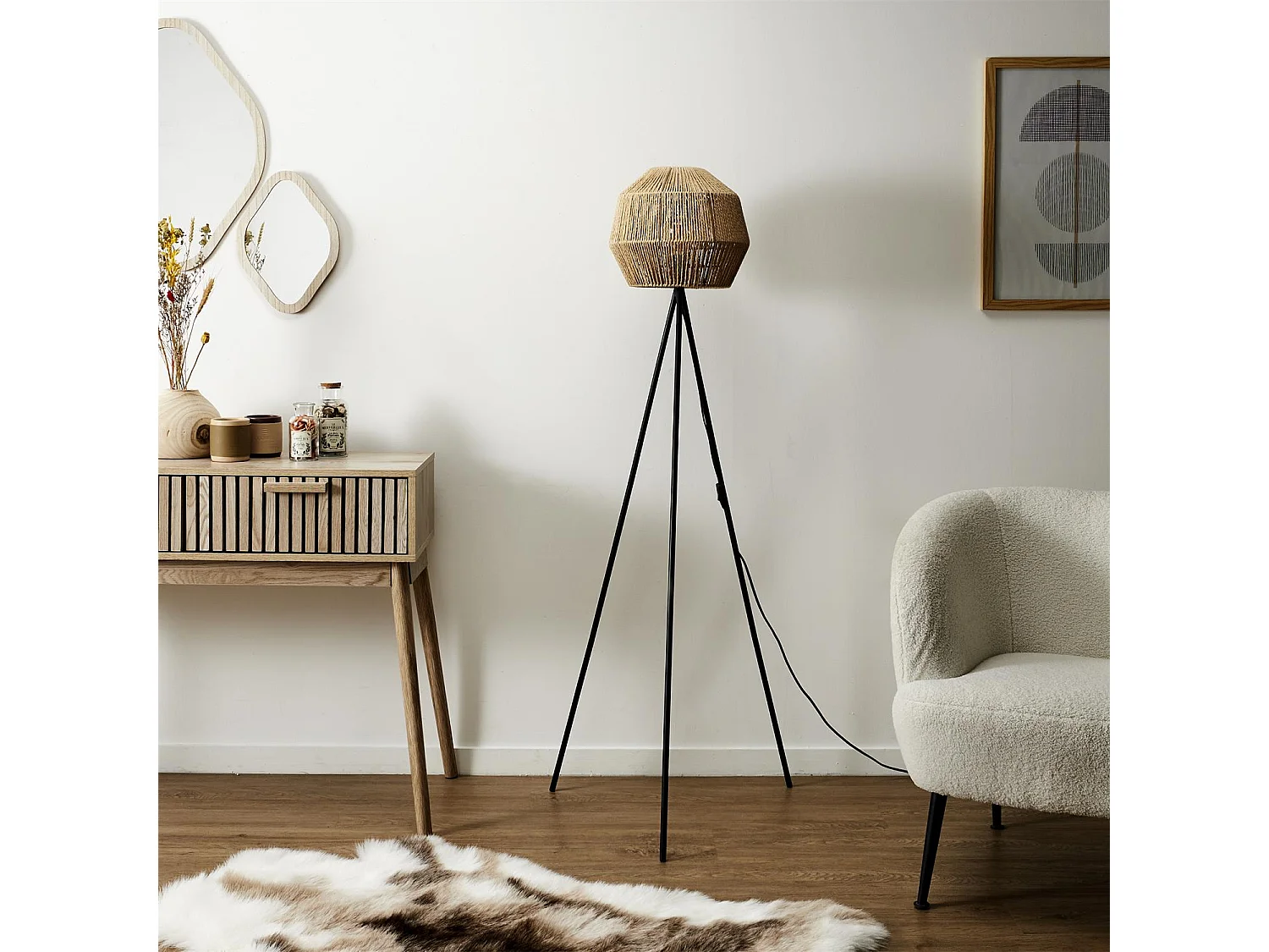 Lampadaire Abat Jour Effet Corde Tressee Beige, Noir