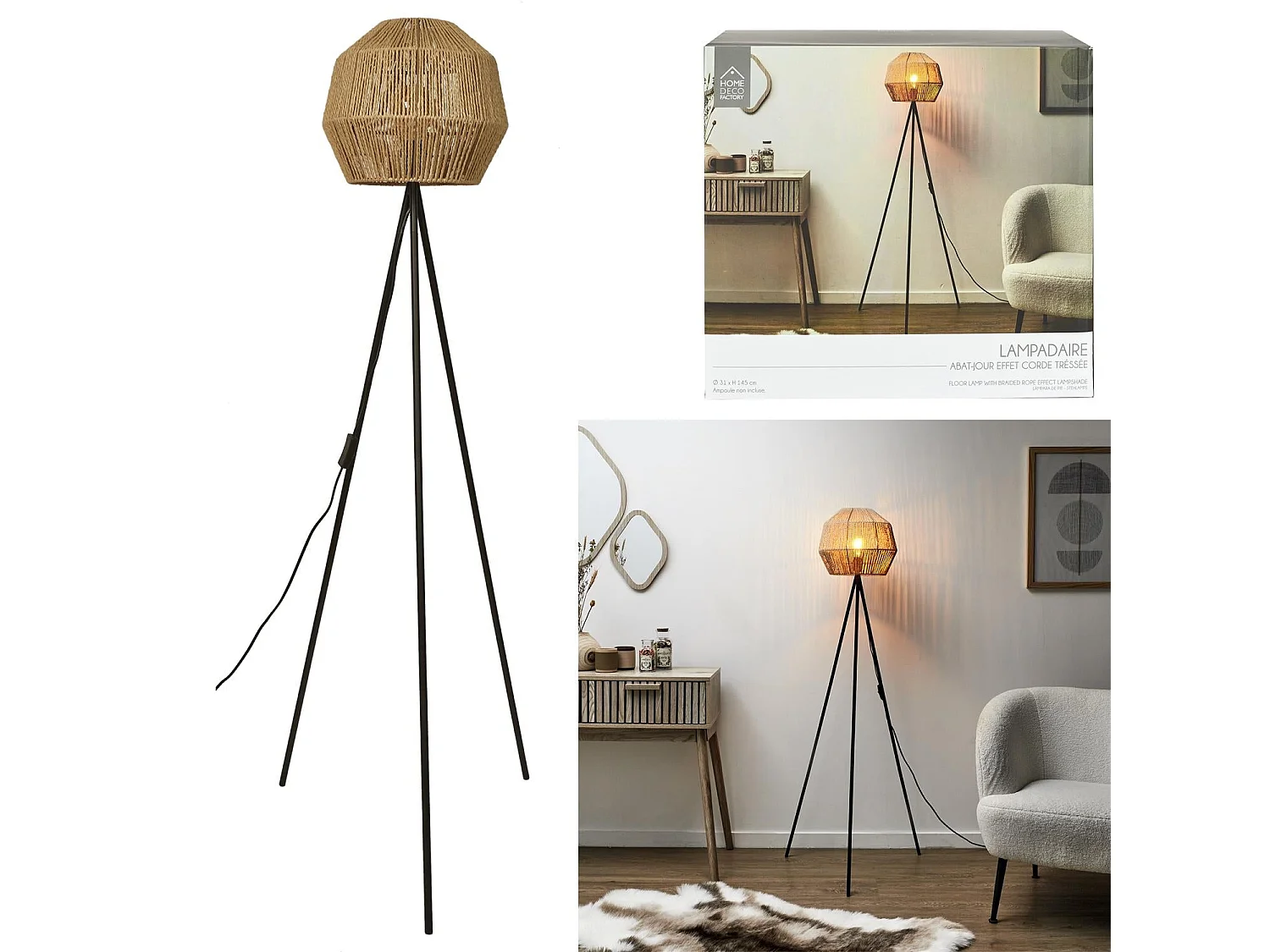 Lampadaire Abat Jour Effet Corde Tressee Beige, Noir