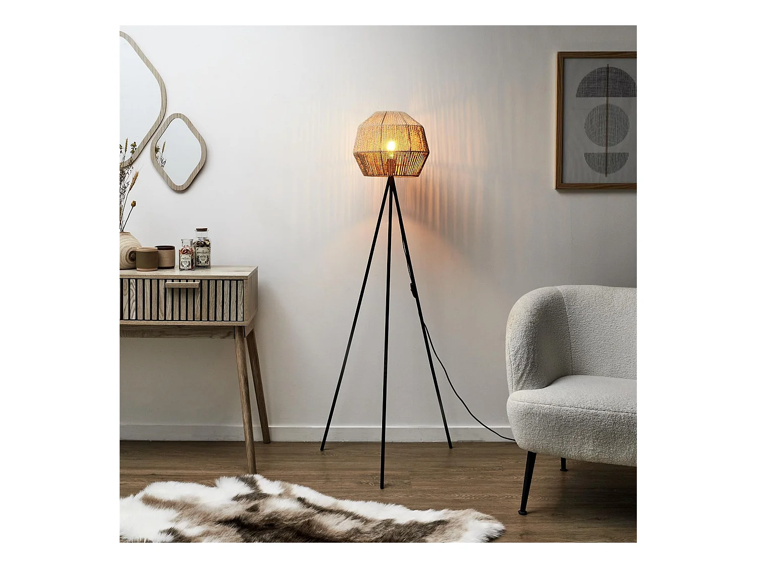 Lampadaire Abat Jour Effet Corde Tressee Beige, Noir