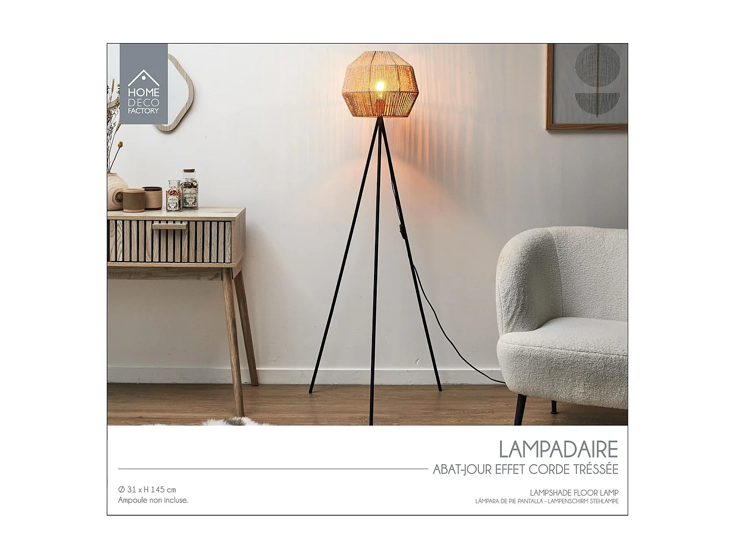 Lampadaire Abat Jour Effet Corde Tressee Beige, Noir