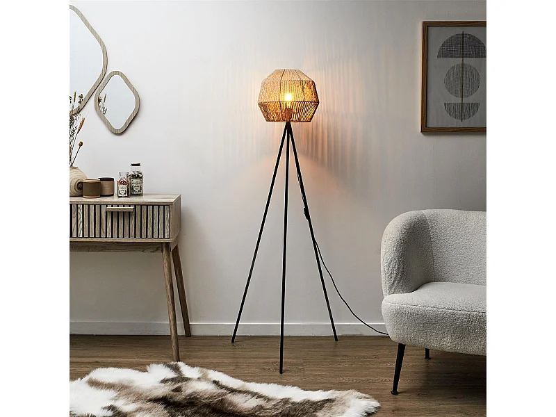 Lampadaire Abat Jour Effet Corde Tressee Beige, Noir