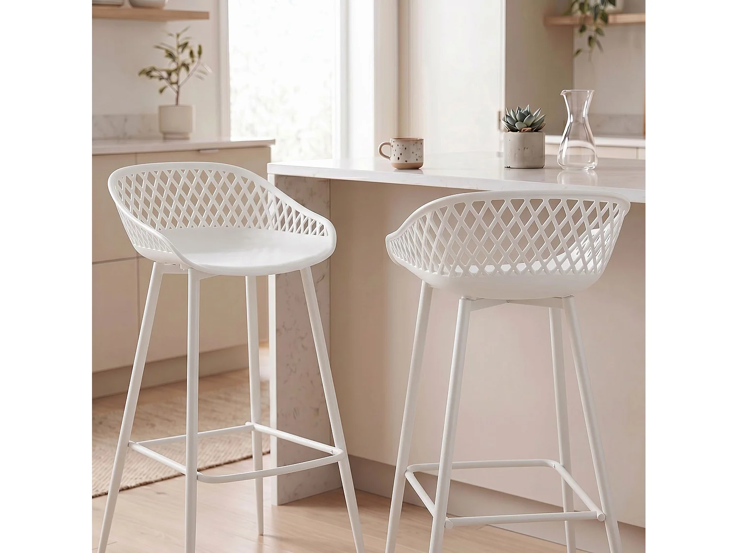 Lot de 2 tabourets de bar IREK chaise haute cuisine ou comptoir au design retro en plastique et métal blancs, hauteur d'assise 75 cm