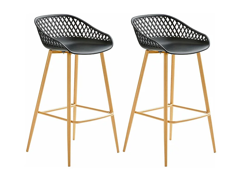 Lot de 2 tabourets de bar IREK chaise haute cuisine ou comptoir au design retro en plastique noir et métal décor chêne, assise 75 cm
