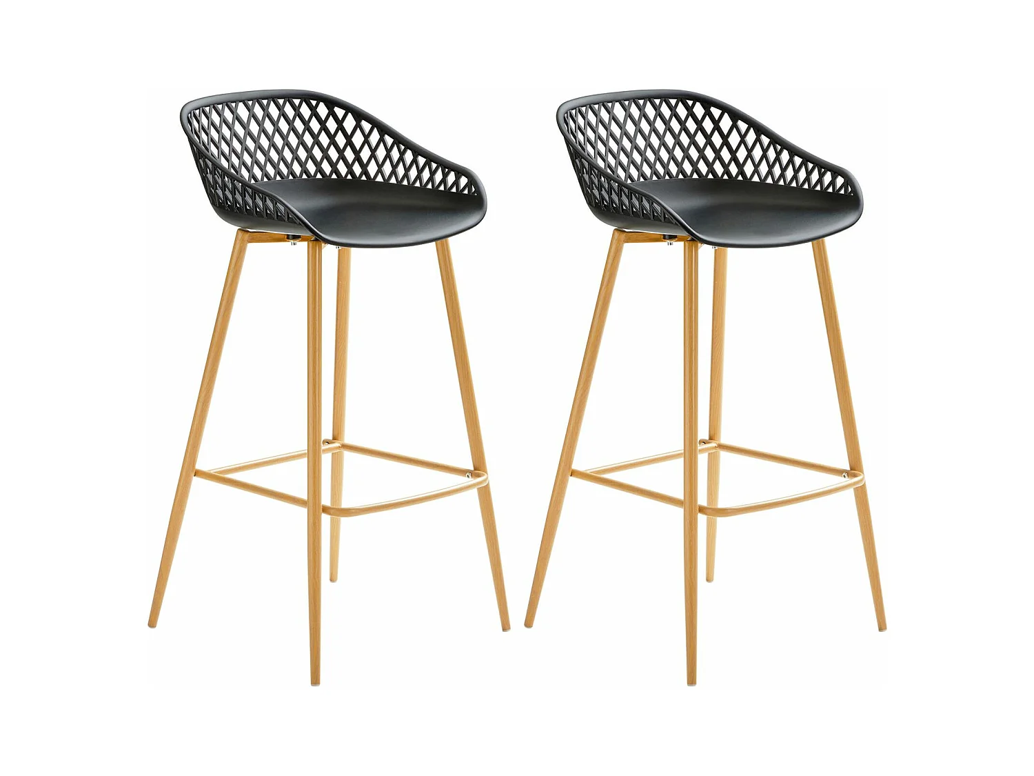 Lot de 2 tabourets de bar IREK chaise haute cuisine ou comptoir au design retro en plastique noir et métal décor chêne, assise 75 cm