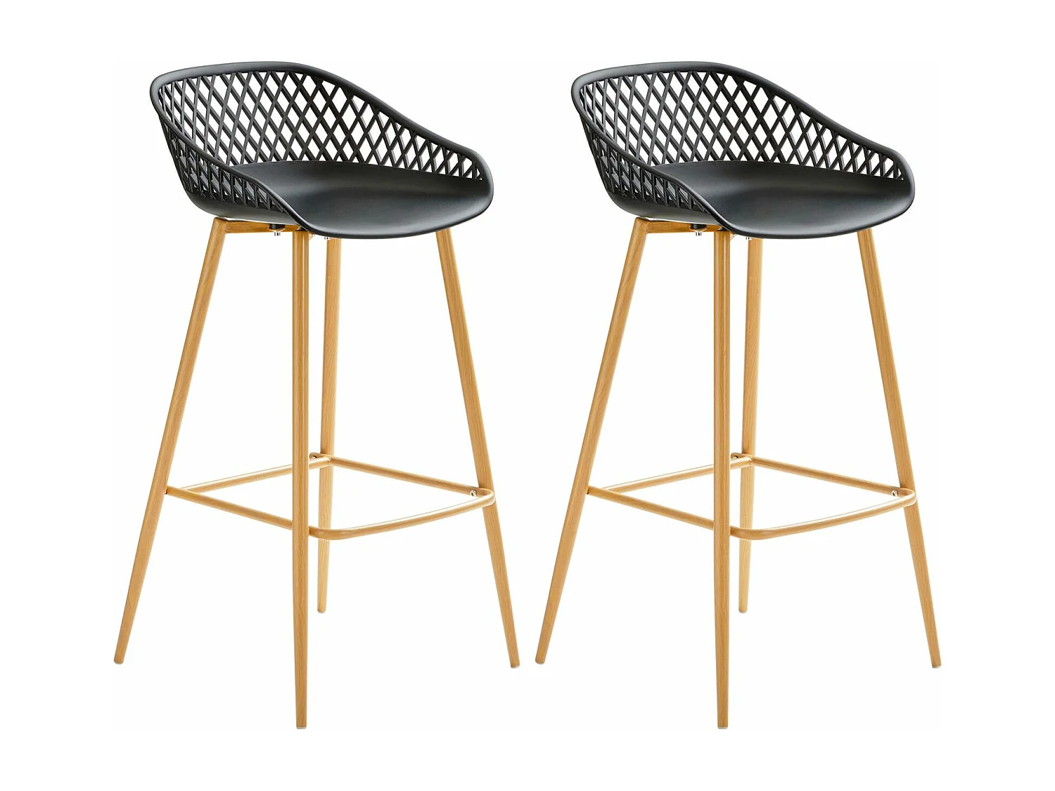 Lot de 2 tabourets de bar IREK chaise haute cuisine ou comptoir au design retro en plastique noir et métal décor chêne, assise 75 cm