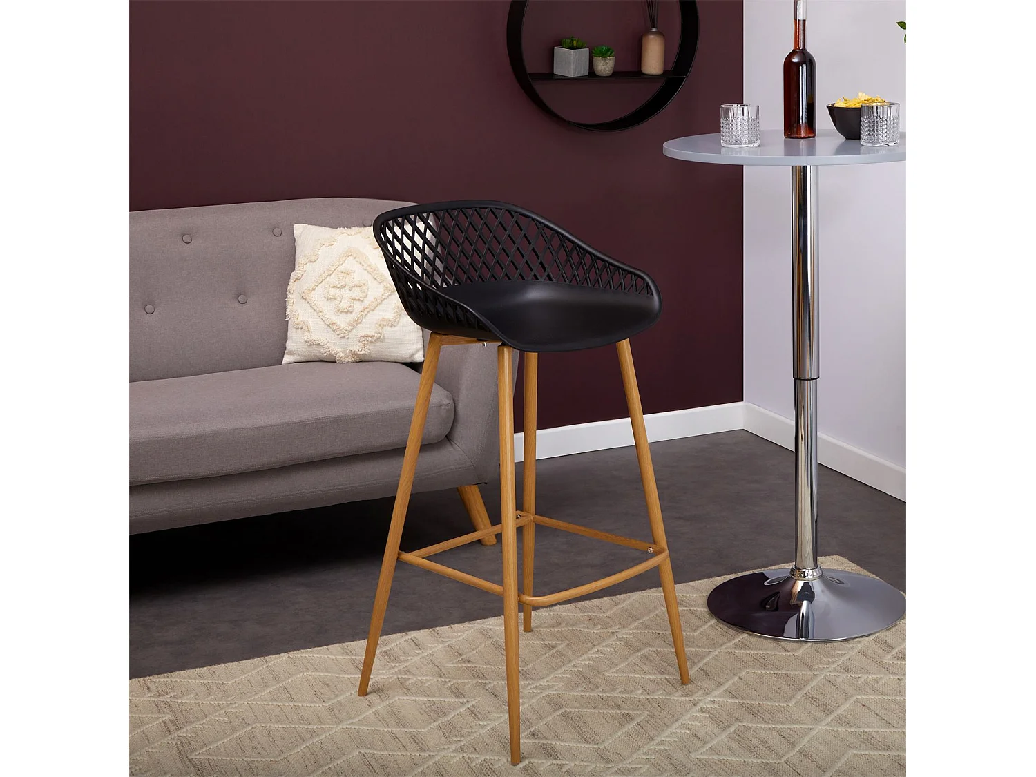 Lot de 2 tabourets de bar IREK chaise haute cuisine ou comptoir au design retro en plastique noir et métal décor chêne, assise 75 cm