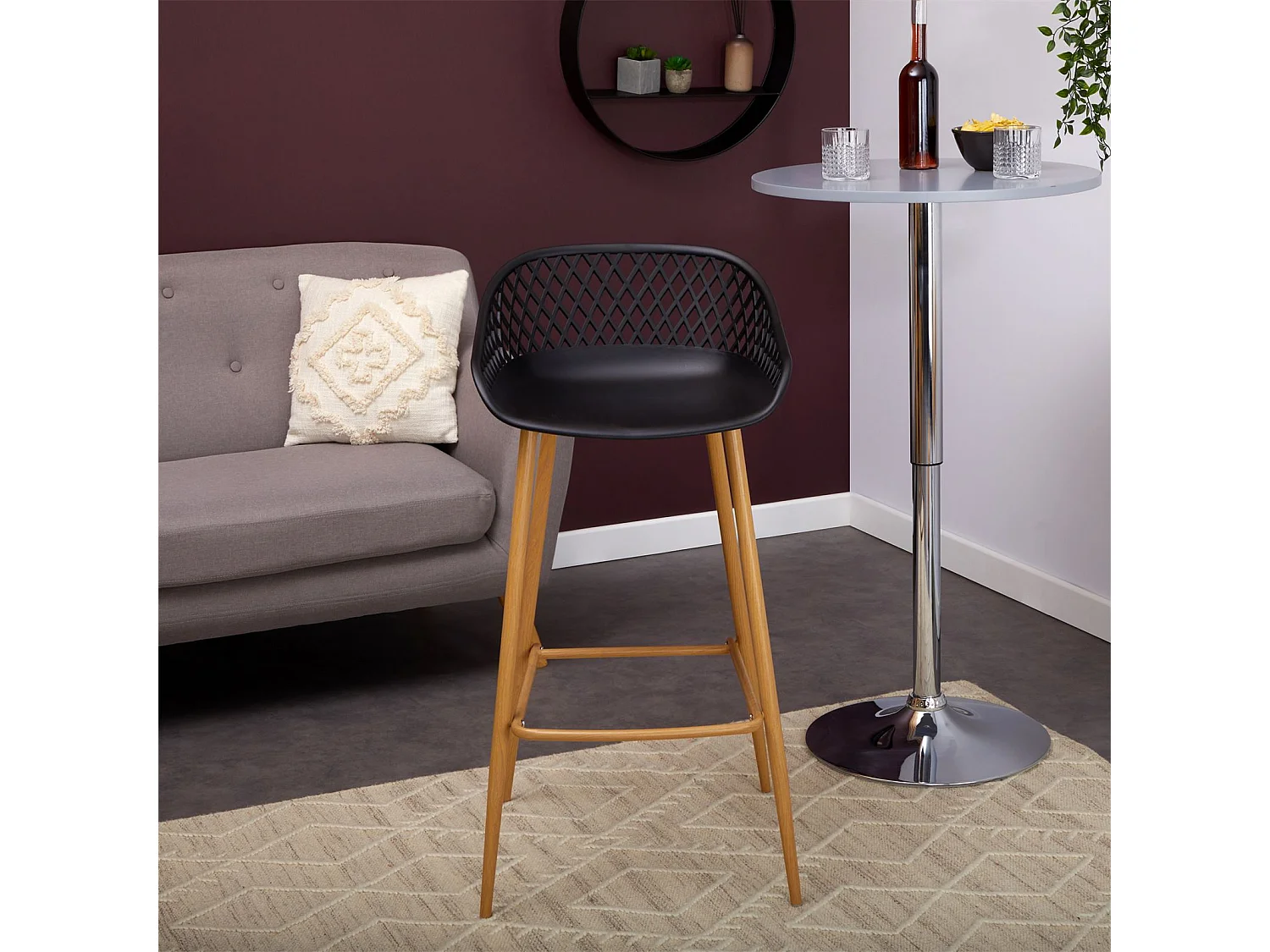 Lot de 2 tabourets de bar IREK chaise haute cuisine ou comptoir au design retro en plastique noir et métal décor chêne, assise 75 cm