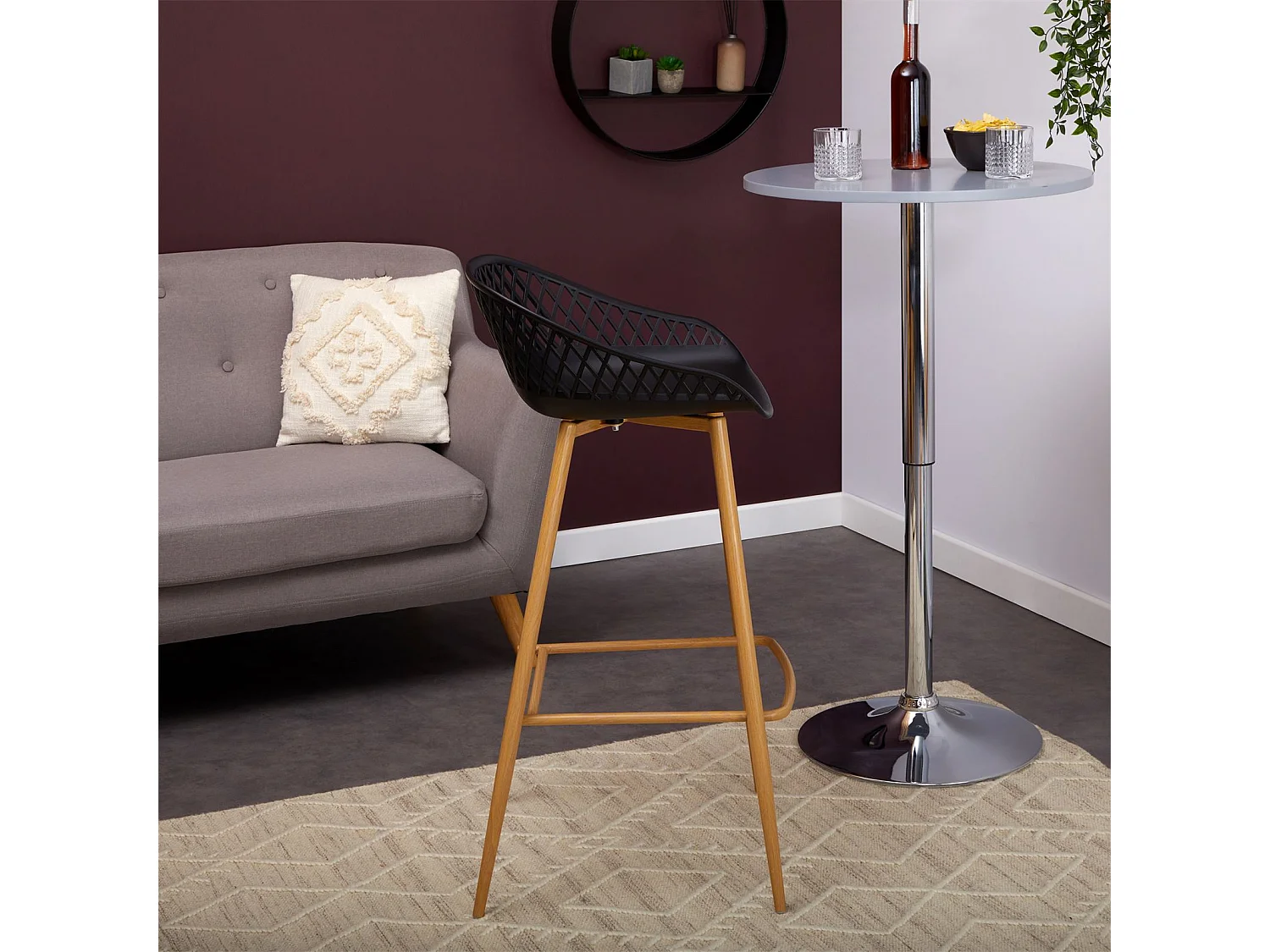 Lot de 2 tabourets de bar IREK chaise haute cuisine ou comptoir au design retro en plastique noir et métal décor chêne, assise 75 cm