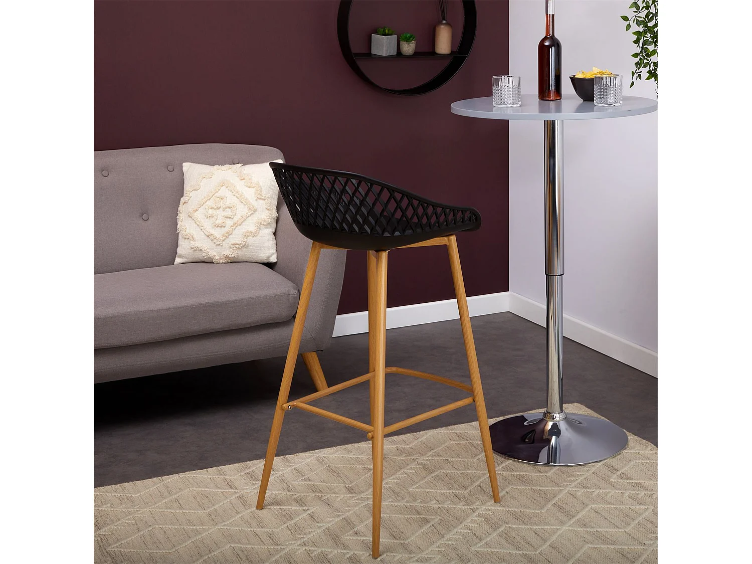 Lot de 2 tabourets de bar IREK chaise haute cuisine ou comptoir au design retro en plastique noir et métal décor chêne, assise 75 cm