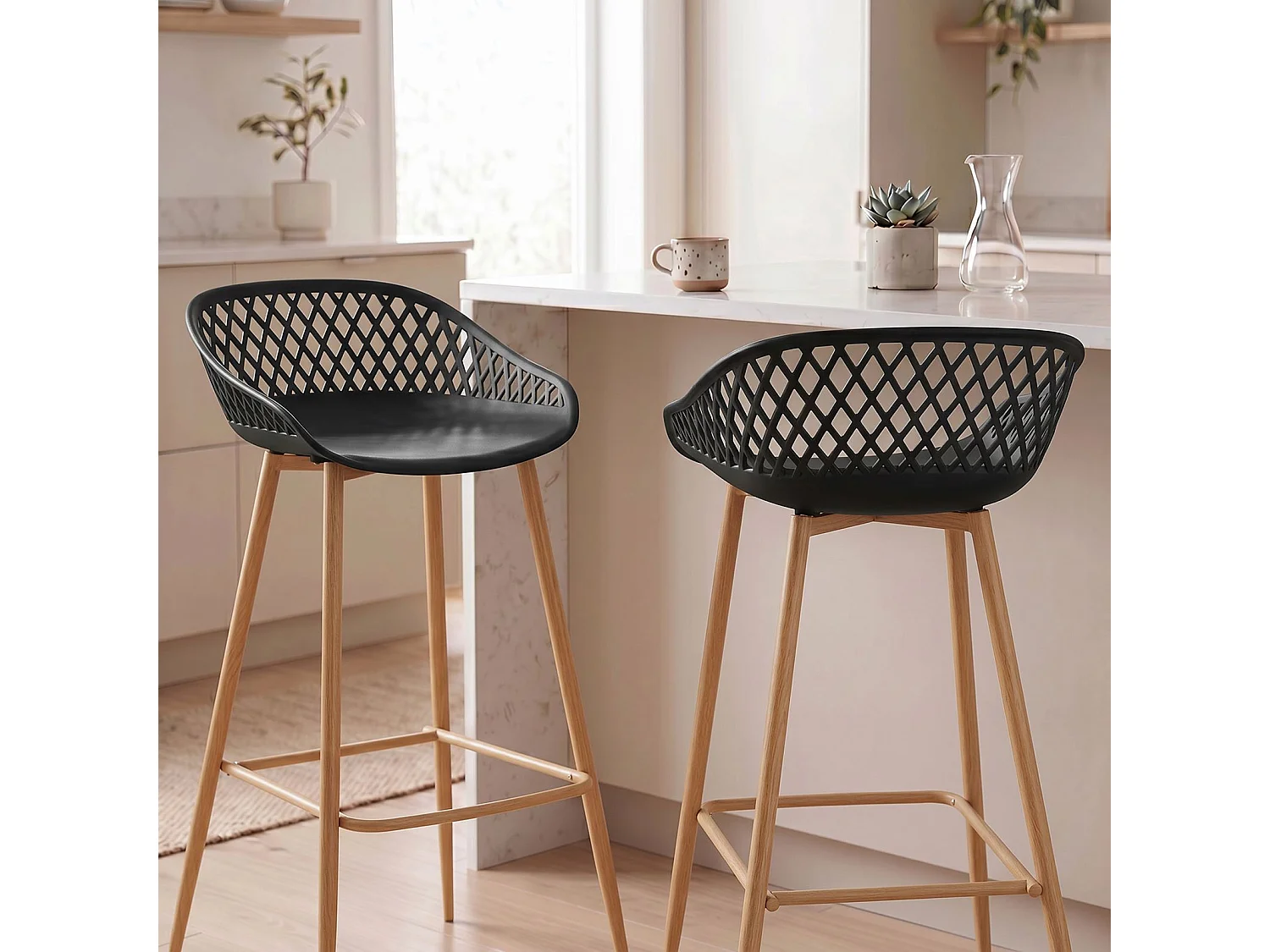 Lot de 2 tabourets de bar IREK chaise haute cuisine ou comptoir au design retro en plastique noir et métal décor chêne, assise 75 cm