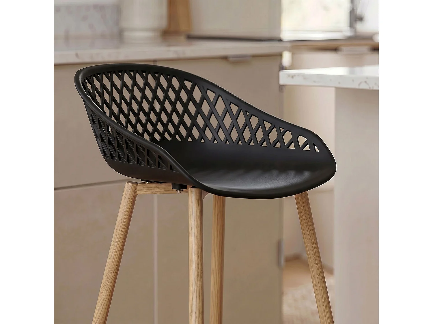 Lot de 2 tabourets de bar IREK chaise haute cuisine ou comptoir au design retro en plastique noir et métal décor chêne, assise 75 cm