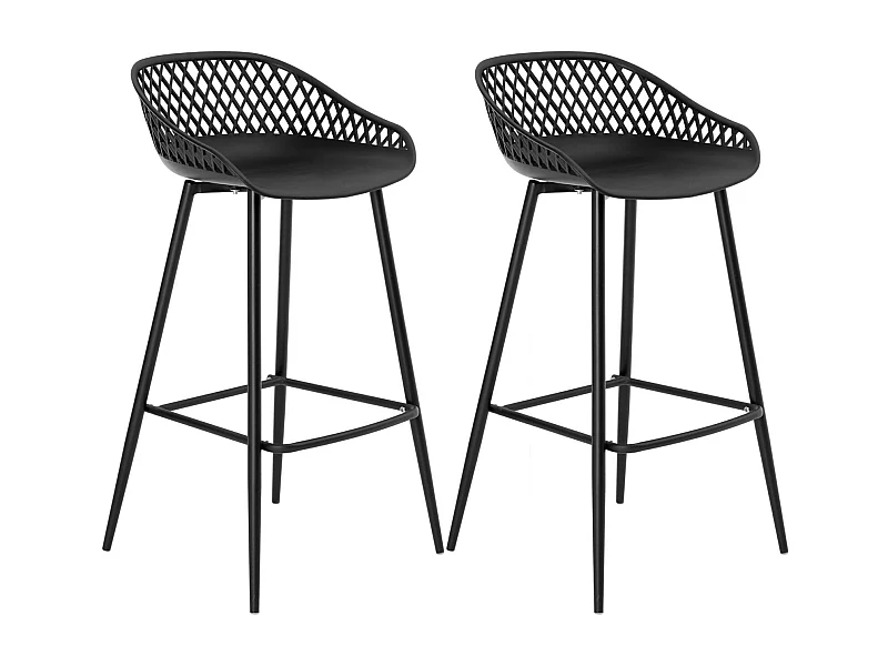 Lot de 2 tabourets de bar IREK chaise haute pour cuisine ou comptoir design retro, en plastique et métal noirs, hauteur d'assise 75