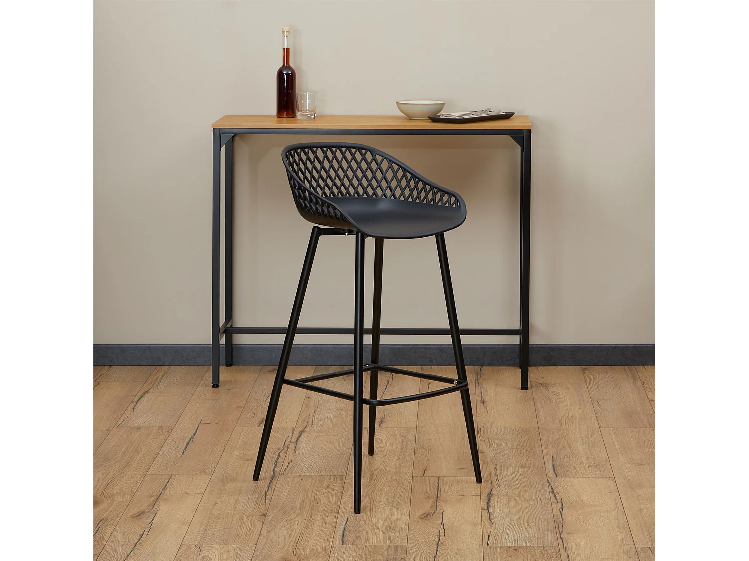 Lot de 2 tabourets de bar IREK chaise haute pour cuisine ou comptoir design retro, en plastique et métal noirs, hauteur d'assise 75