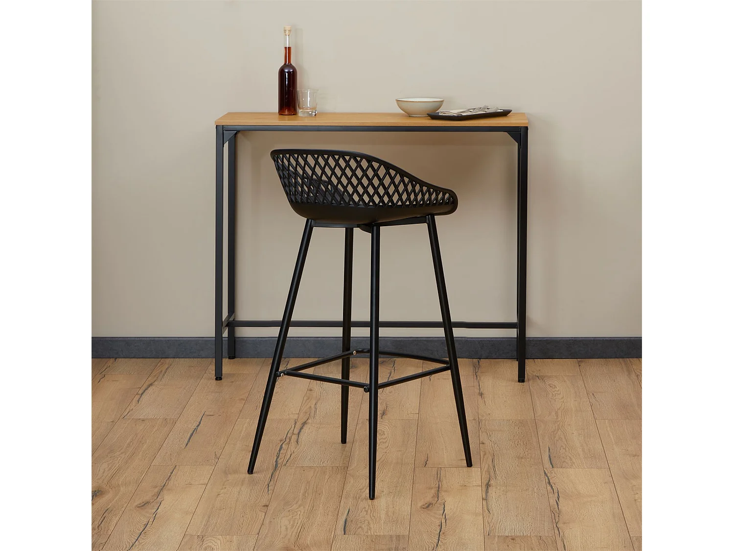 Lot de 2 tabourets de bar IREK chaise haute pour cuisine ou comptoir design retro, en plastique et métal noirs, hauteur d'assise 75