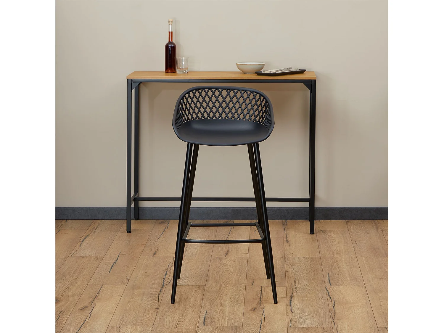 Lot de 2 tabourets de bar IREK chaise haute pour cuisine ou comptoir design retro, en plastique et métal noirs, hauteur d'assise 75